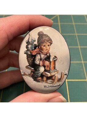 Hummel Vintage Oval Pill Tin Box Boy on a Sleigh 2” X 1.5” Metal Container